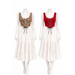 Vintage Reversible Lace Up Corset Vest Red Corduroy Floral Cottagecore Women's